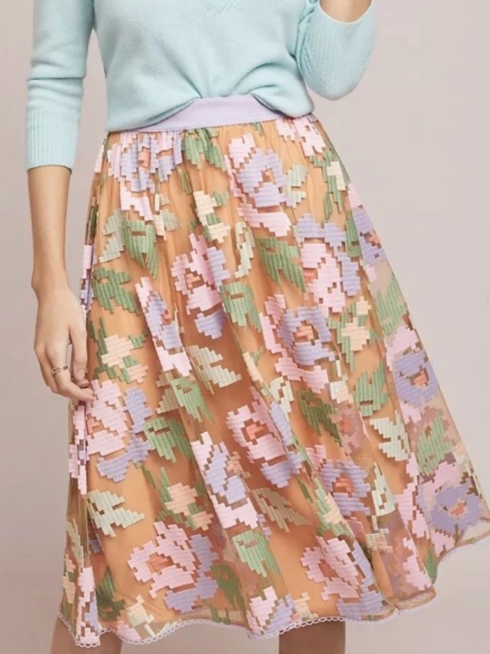 Anthropologie Orange Mesh Midi Skirt with Pastel Floral Embroidery